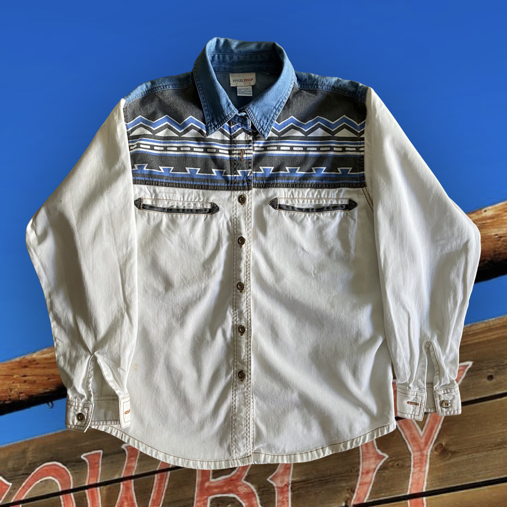 VTG Aztec Print Western Denim Botton Down Shirt